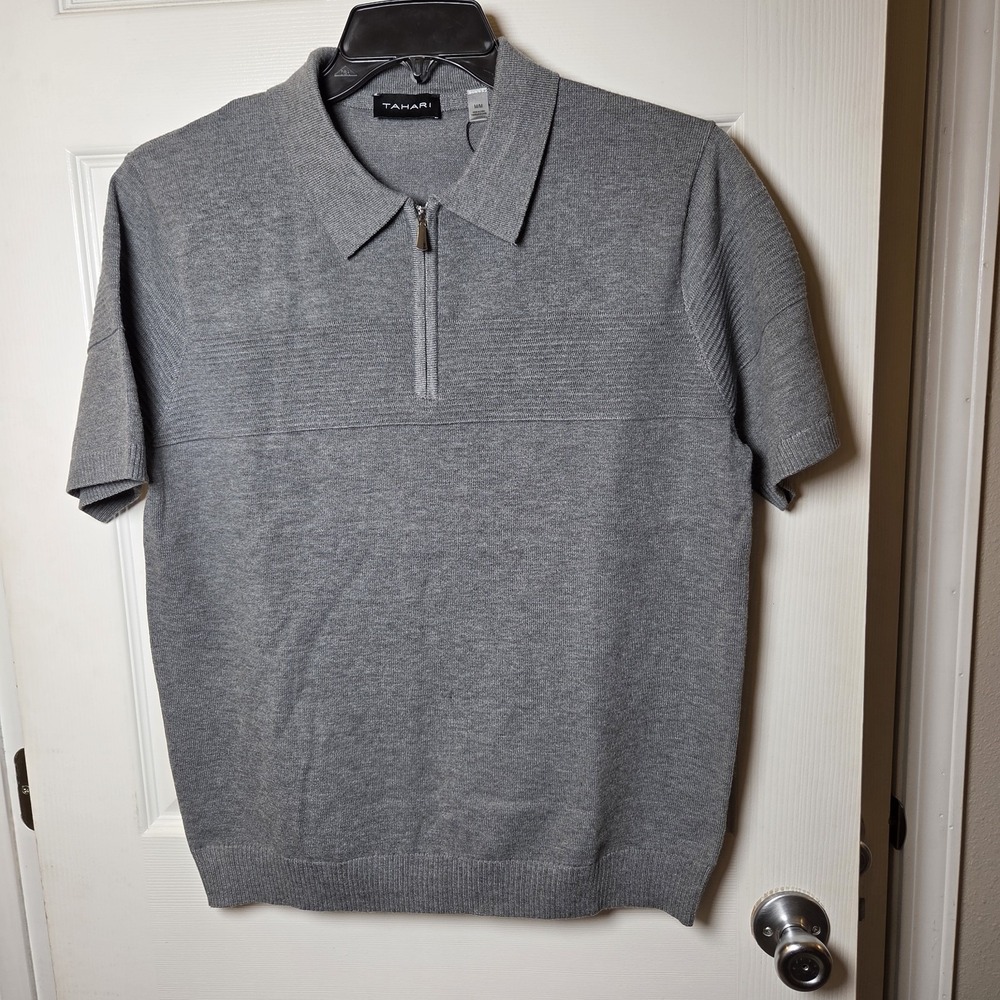 Tahari men's sz M gray collared ss 1/4 zip pullover sweater NWT casual career